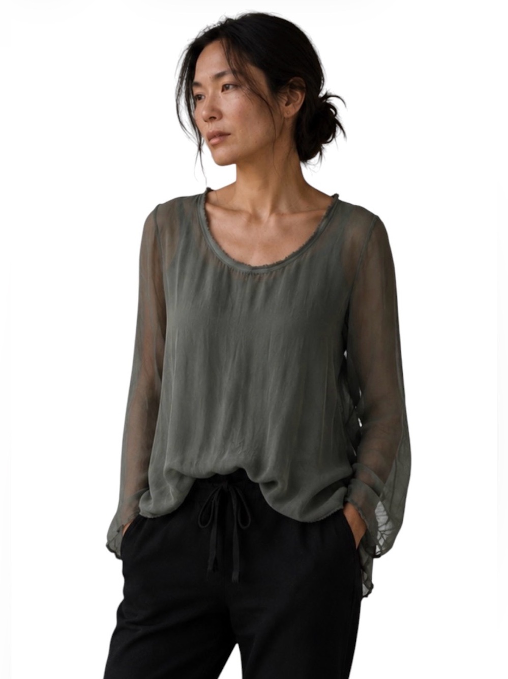 Nina Kendosa Double Layered Green Viscose Chiffon Lightweight Blouse Sz M